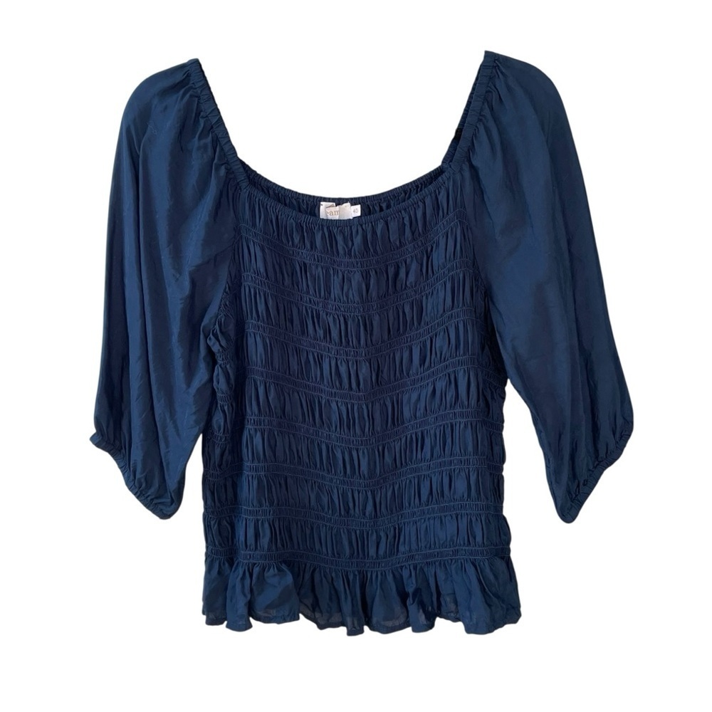Cream Navy Blue Smocked Ruffled 3/4 Sleeve Blouse Size 40